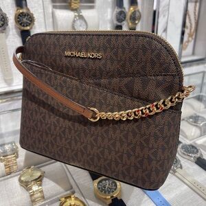 MICHAEL KORS Jet Set Medium Logo XCROSS XBODY Dome Satchel Crossbody 
Brown NWT